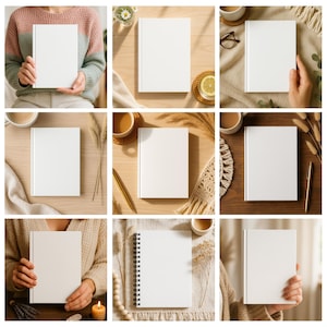 May include: A collection of nine images showcasing blank white notebooks and journals. Some are held by hands, while others are displayed on wooden surfaces with coffee, pens, and decorative elements. The notebooks are perfect for custom designs or personal use.
