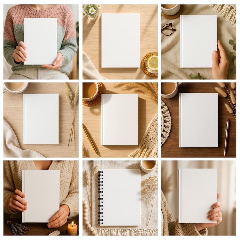 May include: A collection of nine images showcasing blank white notebooks and journals. Some are held by hands, while others are displayed on wooden surfaces with coffee, pens, and decorative elements. The notebooks are perfect for custom designs or personal use.