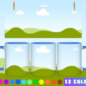 May include: Three blue mugs with white handles. Each mug features a different design of a blue sky with white clouds and green rolling hills. The text "12 COLORS" is at the bottom of the image.