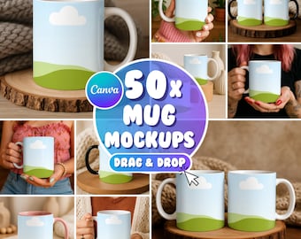 50x Canva Mug Mockup Bundle, 11 oz & 15 oz Mug Mockups, Mug Wrap Mockup, Canva Drag and Drop, Coffee Mug Mockup, White Mug Mockup