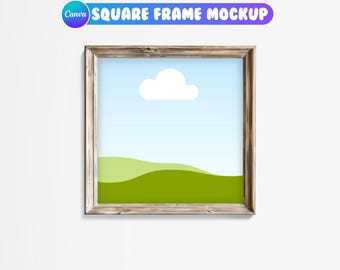 May include: A square wooden frame with a light blue sky, a white cloud, and a green grassy field. The frame is on a white background.