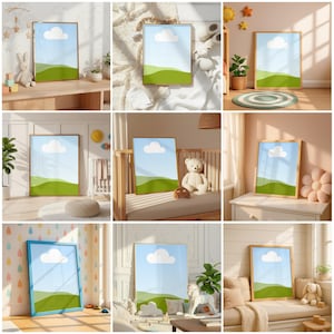 K&ouml;nnte beinhalten: Neun gerahmte Kunstdrucke mit einem Landschaftsdesign mit blauem Himmel, wei&szlig;er Wolke und gr&uuml;nen H&uuml;geln. Die Rahmen variieren in der Farbe und werden in verschiedenen Kinderzimmerumgebungen pr&auml;sentiert, was die Vielseitigkeit des Kunstwerks zeigt.