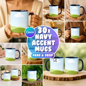 30x Canva Navy Accent Mug Mockup Bundle, Dark Blue Color Handle Mockups, 11 oz Mug Mockup, Drag and Drop, Printify Mug Mockup, Coffee Mockup