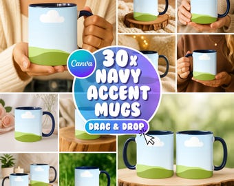 30x Canva Navy Accent Mug Mockup Bundle, Dark Blue Color Handle Mockups, 11 oz Mug Mockup, Drag and Drop, Printify Mug Mockup, Coffee Mockup