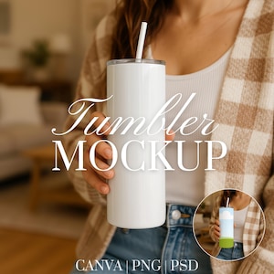 20 oz Tumbler Mockup, Canva Drag and Drop, PSD PNG 20 oz Tumbler Mockup, Photoshop Smart Object Mockup, Tumbler in Hand Mockup