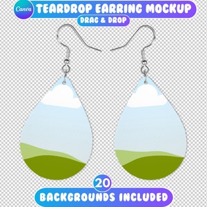 Canva Teardrop Earrings Mockup, Drag and Drop, Two Drop earrings Mockup, Pair Teardrop Earrings Mockup, Sublimation Mockup, 20 Backgrounds