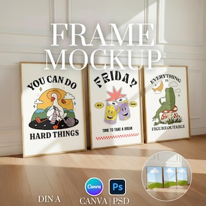 Könnte beinhalten: Drei gerahmte Kunstdrucke mit skurrilen Illustrationen und Text. Ein Druck zeigt "You Can Do Hard Things" mit einer strickenden Gans. Ein anderer zeigt "Friday Time to Take a Break" mit Cartoon-Dosen. Der dritte zeigt "Everything is Figureoutable" mit einem Frosch.