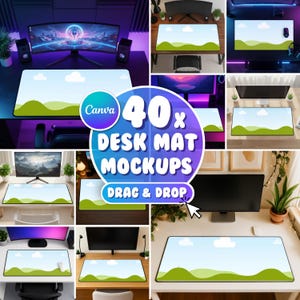 Op de afbeelding: Een verzameling bureaumat-mockups met een landschapsontwerp met groene heuvels, blauwe lucht en witte wolken. De afbeelding bevat de tekst "40x DESK MAT MOCKUPS" en "DRAG & DROP". Het Canva-logo is ook zichtbaar.