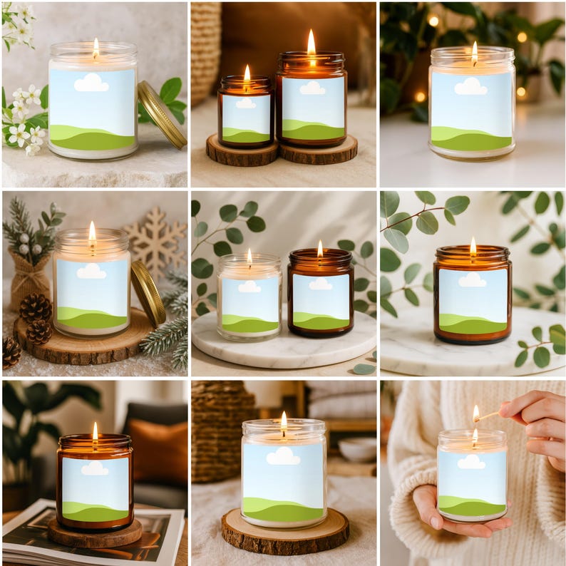 May include: Several lit candles in glass jars with labels featuring a blue sky, white cloud, and green landscape design. The candles are in various sizes and placed on wooden coasters and marble surfaces. The jars have gold lids.