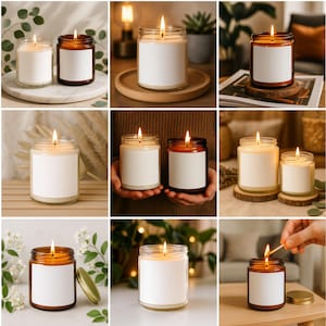 May include: A collection of lit scented candles in glass jars with blank white labels. The candles are in various sizes and colors, including clear and amber glass. The flames are bright, and the candles are placed on different surfaces.
