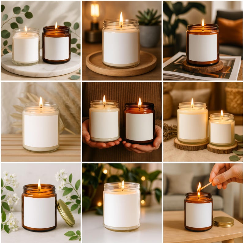 May include: A collection of lit scented candles in glass jars with blank white labels. The candles are in various sizes and colors, including clear and amber glass. The flames are bright, and the candles are placed on different surfaces.