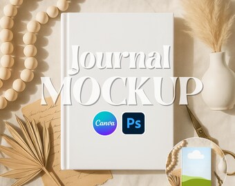 May include: A white journal mockup with the text "Journal MOCKUP" in a large font. The image includes Canva and Photoshop logos, along with a small notebook, beads, dried plants, and scissors. The bottom of the image has the text "JPG | PNG | PSD".