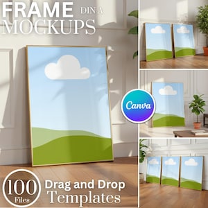 Könnte beinhalten: Ein gerahmter Kunstdruck mit goldenem Rahmen, der einen blauen Himmel, eine weiße Wolke und grüne Hügel zeigt, lehnt an einer Wand. Der Text "FRAME MOCKUPS" und "100 Files Drag and Drop Templates" ist sichtbar. Ein Canva-Logo ist ebenfalls vorhanden.