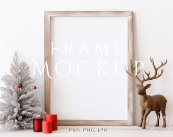 Christmas Frame Mockup 3:4 | Holiday Frame Mockup | Wall Art Mockup | Festive Frame Mockup | Wood Mockup Frame, Frame Mockup, PSD PNG