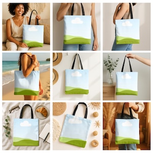 May include: A set of nine tote bags with a sky blue background, a white cloud, and green hills. The bags have black handles and are made of canvas.