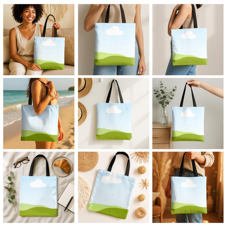 May include: A set of nine tote bags with a sky blue background, a white cloud, and green hills. The bags have black handles and are made of canvas.