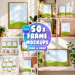 Op de afbeelding: Een verzameling ingelijste kunst-mockups met een landschapsontwerp met een blauwe lucht, witte wolk en groene heuvels. De afbeelding bevat de tekst "50x FRAME MOCKUPS DRAG & DROP" en het Canva-logo.