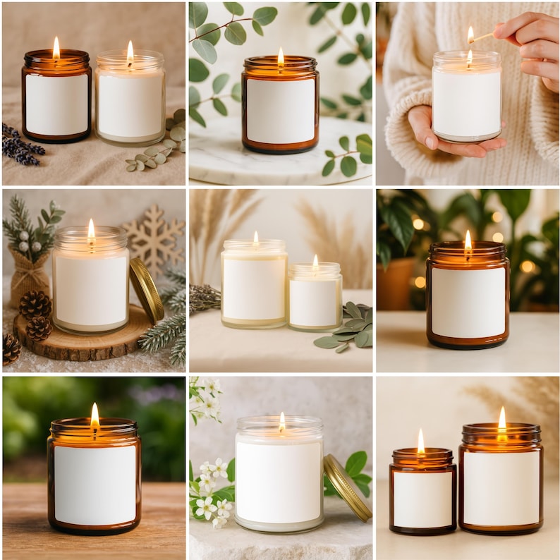 May include: A collection of lit candles in glass jars with blank white labels. The candles have amber-colored glass and gold lids. The flames are bright and the candles are surrounded by decorative elements like greenery and wood.