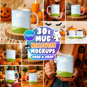 May include: A collection of 30 mug mockups with a Halloween theme. The mugs feature a design of a blue sky, white cloud, and green landscape. The image includes pumpkins, candles, and fall foliage.