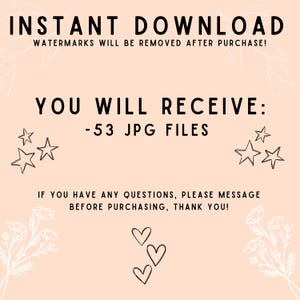 Op de afbeelding: Perzik kleurige digitale download grafiek met zwarte tekst die luidt "INSTANT DOWNLOAD" en "U ONTVANGT: -53 JPG BESTANDEN". Decoratieve sterren en harten zijn ook inbegrepen.