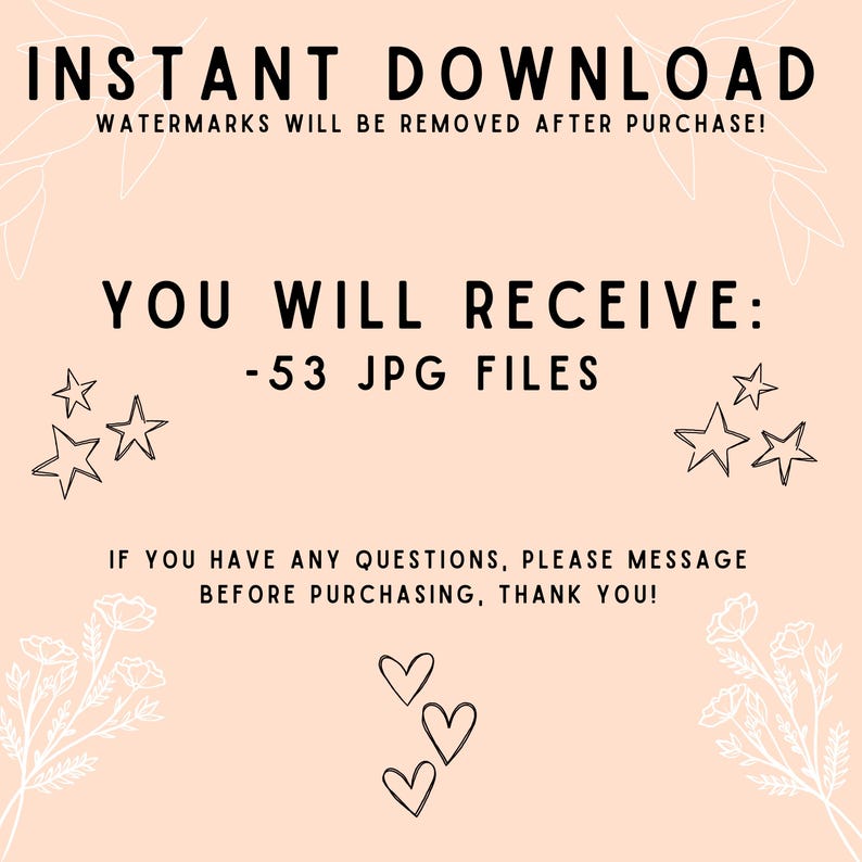Op de afbeelding: Perzik kleurige digitale download grafiek met zwarte tekst die luidt "INSTANT DOWNLOAD" en "U ONTVANGT: -53 JPG BESTANDEN". Decoratieve sterren en harten zijn ook inbegrepen.