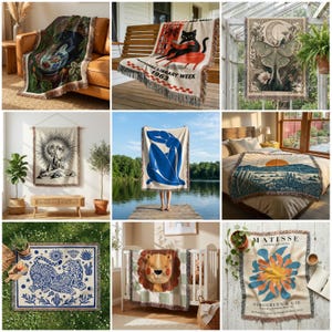 50 Woven Blanket Mockups: Printify Woven Blanket Mockup, Tapestry Blanket Mockup, PSD & Canva Templates image 2