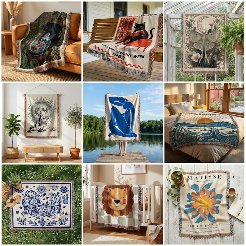 50 Woven Blanket Mockups: Printify Woven Blanket Mockup, Tapestry Blanket Mockup, PSD & Canva Templates image 2