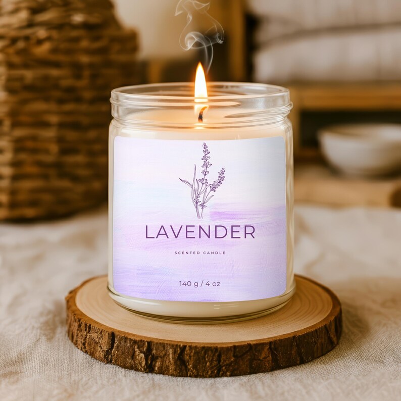 Op de afbeelding: Een brandende lavendelgeurkaars in een heldere glazen pot, op een houten onderzetter. Het etiket toont een lavendeltak en het woord "LAVENDER". De kaars is 140 g / 4 oz.