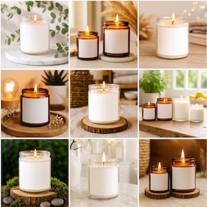 May include: A collection of lit candles in glass jars with blank white labels. The candles vary in size and are set on wooden slices, marble, and other decorative surfaces. The flames are bright, and the jars have a warm, inviting glow.