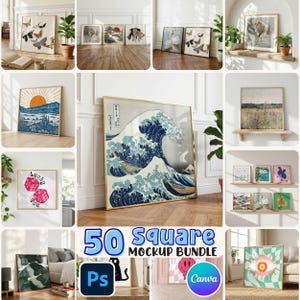Può includere: Una collezione di stampe artistiche incorniciate con vari disegni, tra cui farfalle, paesaggi e illustrazioni astratte. Le stampe sono esposte in un ambiente di mockup, mostrando una varietà di stili e temi. L'immagine include anche il testo "50 SQUARE MOCKUP BUNDLE".