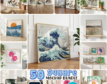 50 mockup di cornici quadrate: oggetti avanzati PSD, modelli Canva drag & drop (download digitale)
