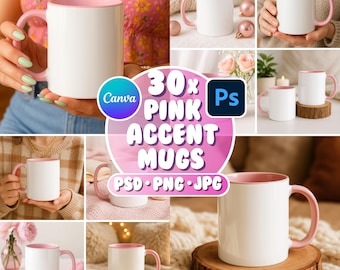May include: Several white ceramic mugs with pink handles and interiors are shown in this image. The mugs are presented in different settings, some held by hands. The image includes the text "30x Pink Accent Mugs" and file type indicators.