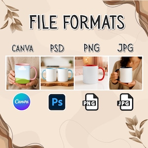 May include: An image displaying mugs with the text "FILE FORMATS" above. The mugs represent different file formats: Canva, PSD, PNG, and JPG. Each mug has a unique design and colour scheme, including pink, blue, and red accents.