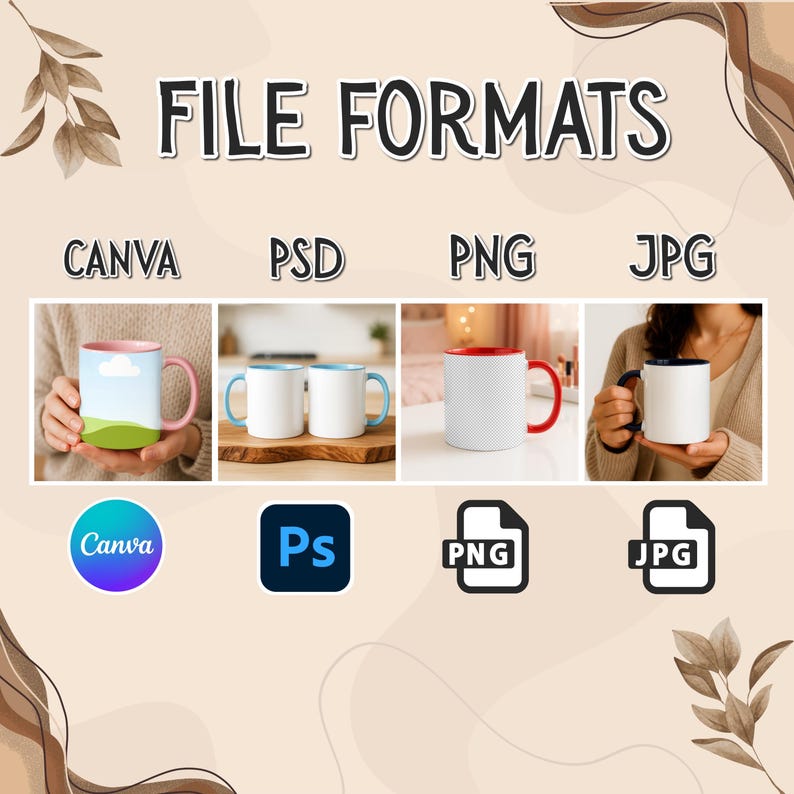 May include: An image displaying mugs with the text "FILE FORMATS" above. The mugs represent different file formats: Canva, PSD, PNG, and JPG. Each mug has a unique design and colour scheme, including pink, blue, and red accents.
