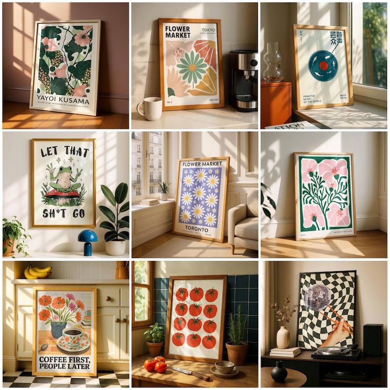 May include: Collection of framed art prints featuring floral designs, retro graphics, and text. Prints include a Yayoi Kusama artwork, a flower market poster, a frog illustration, and a coffee-themed print. The frames are wooden, and the prints vary in color and style.