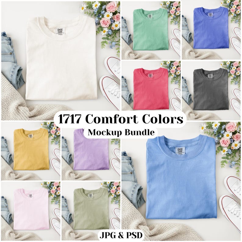 Puede incluir: Un paquete de maquetas de camisetas Comfort Colors en varios colores, incluyendo blanco, verde, azul, rosa, amarillo y gris. Las camisetas se muestran con vaqueros, zapatos y flores. El texto "1717 Comfort Colors Mockup Bundle" es visible.