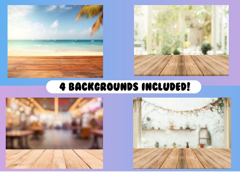 Puede incluir: Cuatro im&aacute;genes de fondo diferentes con una superficie de mesa de madera en primer plano. Los fondos incluyen una escena de playa, una cafeter&iacute;a, un patio y una habitaci&oacute;n con una ventana.