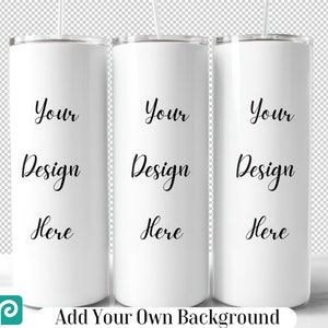 May include: Three white stainless steel tumblers with black text that reads "Your Design Here" on each. The tumblers are on a white marble surface.