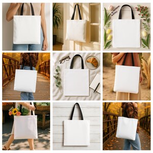 Puede incluir: Nueve bolsas de tela blancas con asas negras. Las bolsas se muestran en diferentes entornos, incluyendo una persona sosteniendo la bolsa, una bolsa colgada de una puerta y una bolsa sobre una mesa.