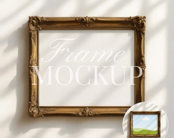 May include: Ornate gold-colored picture frame mockup with decorative detailing. The frame is rectangular with a white interior, and the words "Frame MOCKUP" are displayed in a soft font. A smaller framed image is in the lower right corner. The image is against a white wall.