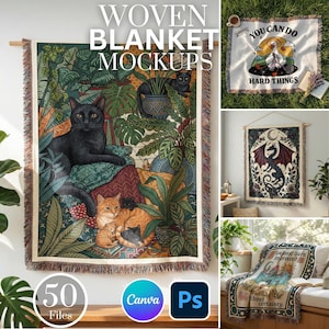50 Woven Blanket Mockups: Printify Woven Blanket Mockup, Tapestry Blanket Mockup, PSD & Canva Templates