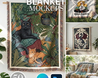 50 Woven Blanket Mockups: Printify Woven Blanket Mockup, Tapestry Blanket Mockup, PSD & Canva Templates