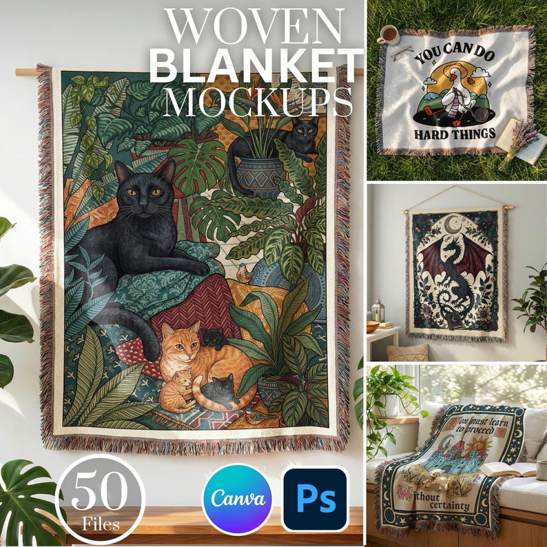 50 Woven Blanket Mockups: Printify Woven Blanket Mockup, Tapestry Blanket Mockup, PSD & Canva Templates image 1