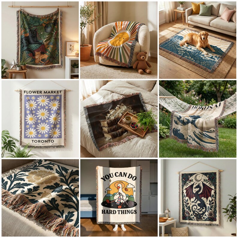 50 Woven Blanket Mockups: Printify Woven Blanket Mockup, Tapestry Blanket Mockup, PSD & Canva Templates image 3