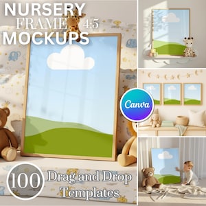 K&ouml;nnte beinhalten: Ein Holzrahmen-Mockup f&uuml;r das Kinderzimmer mit blauem Himmel und gr&uuml;ner Landschaft. Das Bild enth&auml;lt den Text "Nursery Frame Mockups" und "100 Drag and Drop Templates". Ein Canva-Logo ist ebenfalls sichtbar.