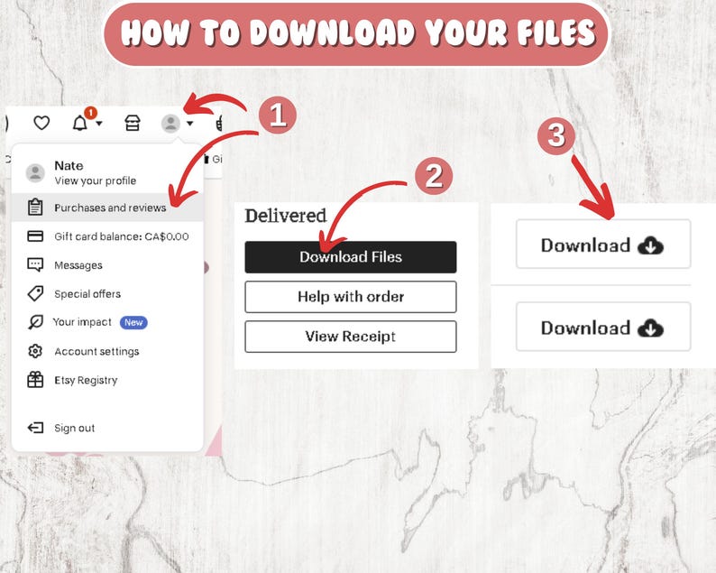 May include: A step-by-step guide on how to download files. The image shows a screen capture with red arrows pointing to the steps: view profile, purchases and reviews, download files, and download button.