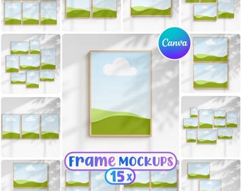 Puede incluir: Varias maquetas de arte enmarcadas que muestran un paisaje con cielo azul, nubes blancas y colinas verdes. Los marcos están dispuestos en diferentes configuraciones. El texto "Frame Mockups (15x)" es visible.