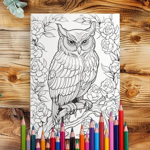 以下が含まれることがあります： 花と葉がついた枝に止まっているフクロウの白黒の線画です。フクロウは大きく丸い目と細かい羽根を持っています。この塗り絵は、詳細なイラストが好きな大人と子供に最適です。