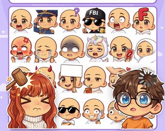 Pack de creación de emoticones DIY: Plantillas de emoticones personalizados para Twitch / 50 bases + cabello, ojos y bocas / Sin necesidad de dibujar / Creador de personajes Chibi para Discord