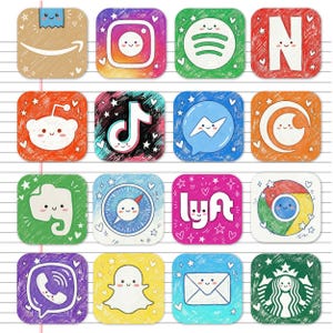 Plus de 200 icônes d'application Crayon mignon : thème esthétique iPhone dessiné à la main | Pack d'icônes de griffonnage mignon | iOS 18 et Android